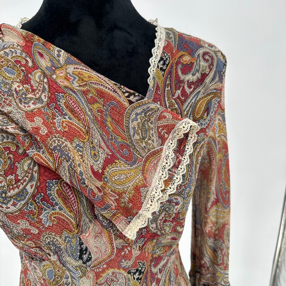 Red Paisley Boho 100% Silk Lace Flare Long Sleeve Sheer Top Whimsy Bohemian M - Picture 2 of 7